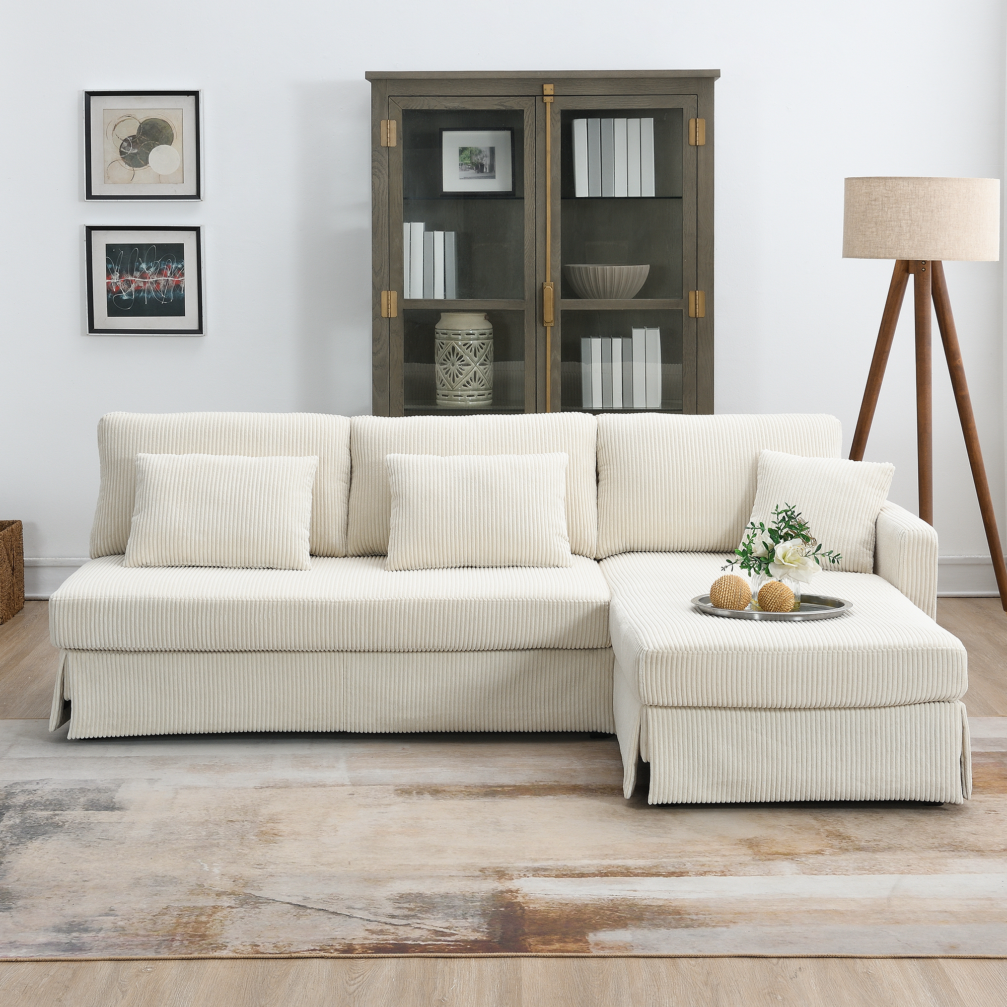 Modern L-shaped Corduroy Sofa with Reversible Chaise,4-seat Upholstered Sectional Indoor Furniture,Convertible Sleeper Couch with Pillows for Living Room,Apartment