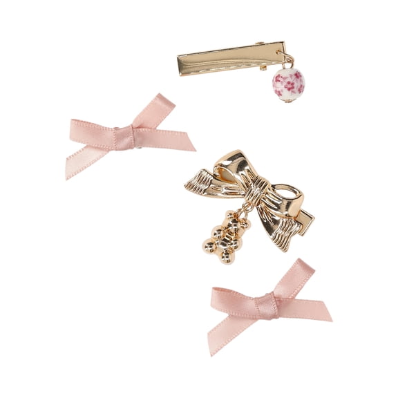 No Boundaries Bow and Charm 4-Piece Hair Clip Set - Blush/Gold Tone