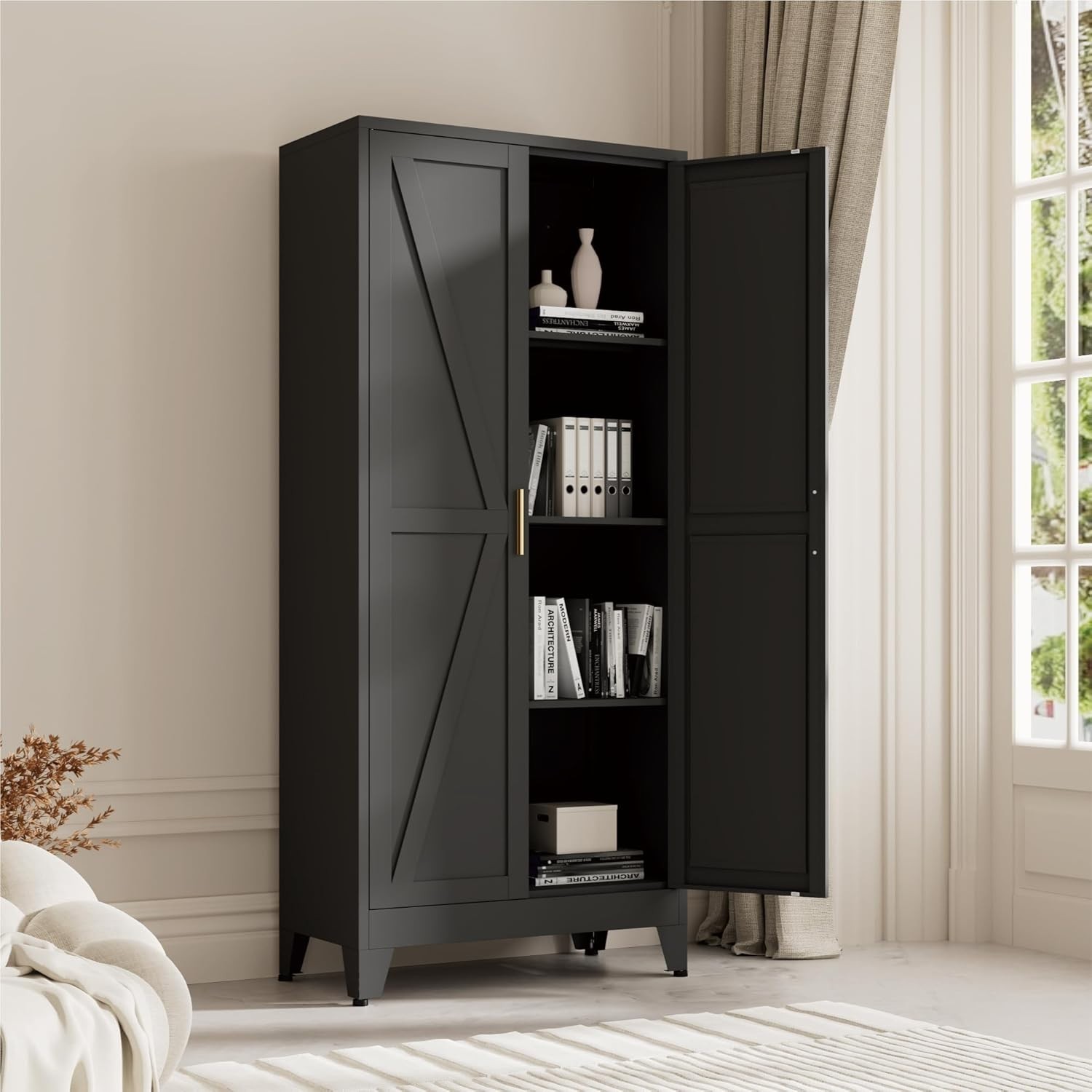 WDZS Large Metal Kitchen Pantry Cabinet with Adjustable Shelves - Freestanding Kitchen Storage Cabinet for Dining Room,Livingroom Bathroom, Hallway, Workshop, Office,Black