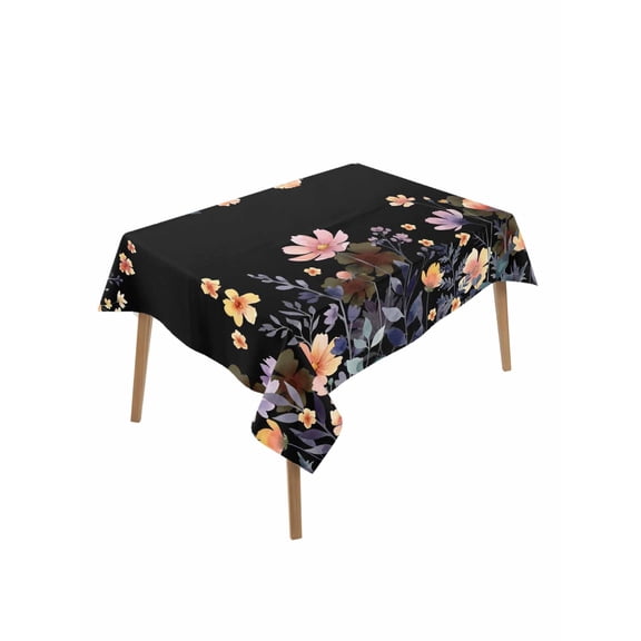 Black Spring Floral Rectangle Tablecloth, Elegant Flowers Farmhouse Botanical Waterproof & StainResistant Tablecloth, Washable Oil-proof Table Cover for Dining/Party/Wedding/Camping/Buffet 60x84 In