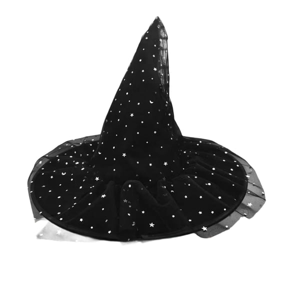 Odeerbi Womens Halloween Witch Hat Star Sequin Tulle Wide Brim Pointed Tall Hat Party Dress Up Accessory