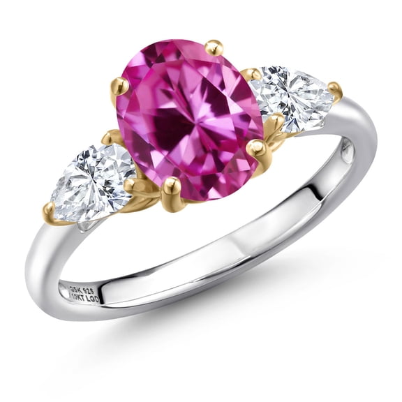 Gem Stone King 925 Silver and 10K Yellow Gold Pink Created Sapphire and White Zirconia Engagement Ring for Women | 1.78 Cttw | Oval 9X7MM | Gemstone September Birthstone | Size 9