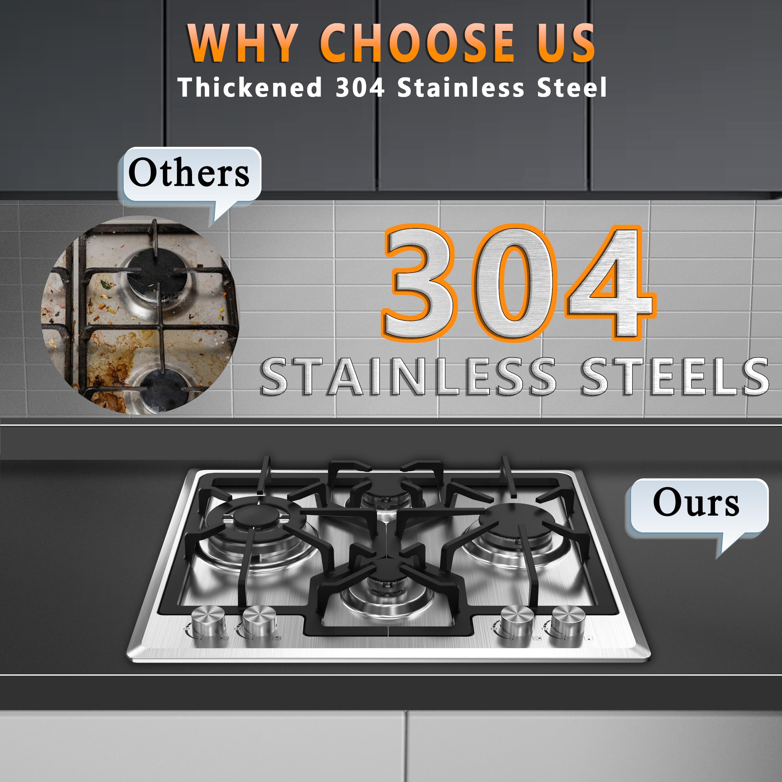 24 inch Gas Cooktop, Bulit-in Gas Stove Top with 4, 24 Inch NG/LPG Convertible Cooktops, Four Burner Propane Cooktop with Thermocouple Protection, Stainless Steel