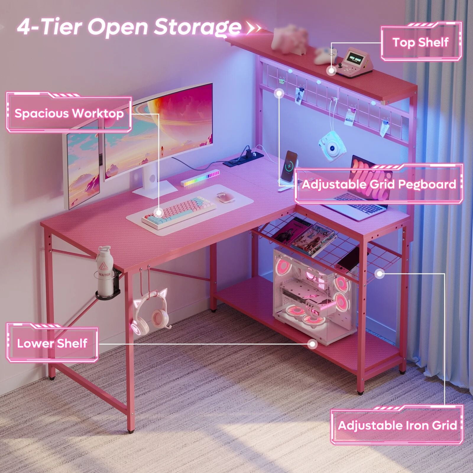 Bestier 42 inch L Shaped Gaming Desk with LED Lights & Power Outlet, Reversible Corner Computer Desk with Hutch & Storage Shelves for Home Office, Pink