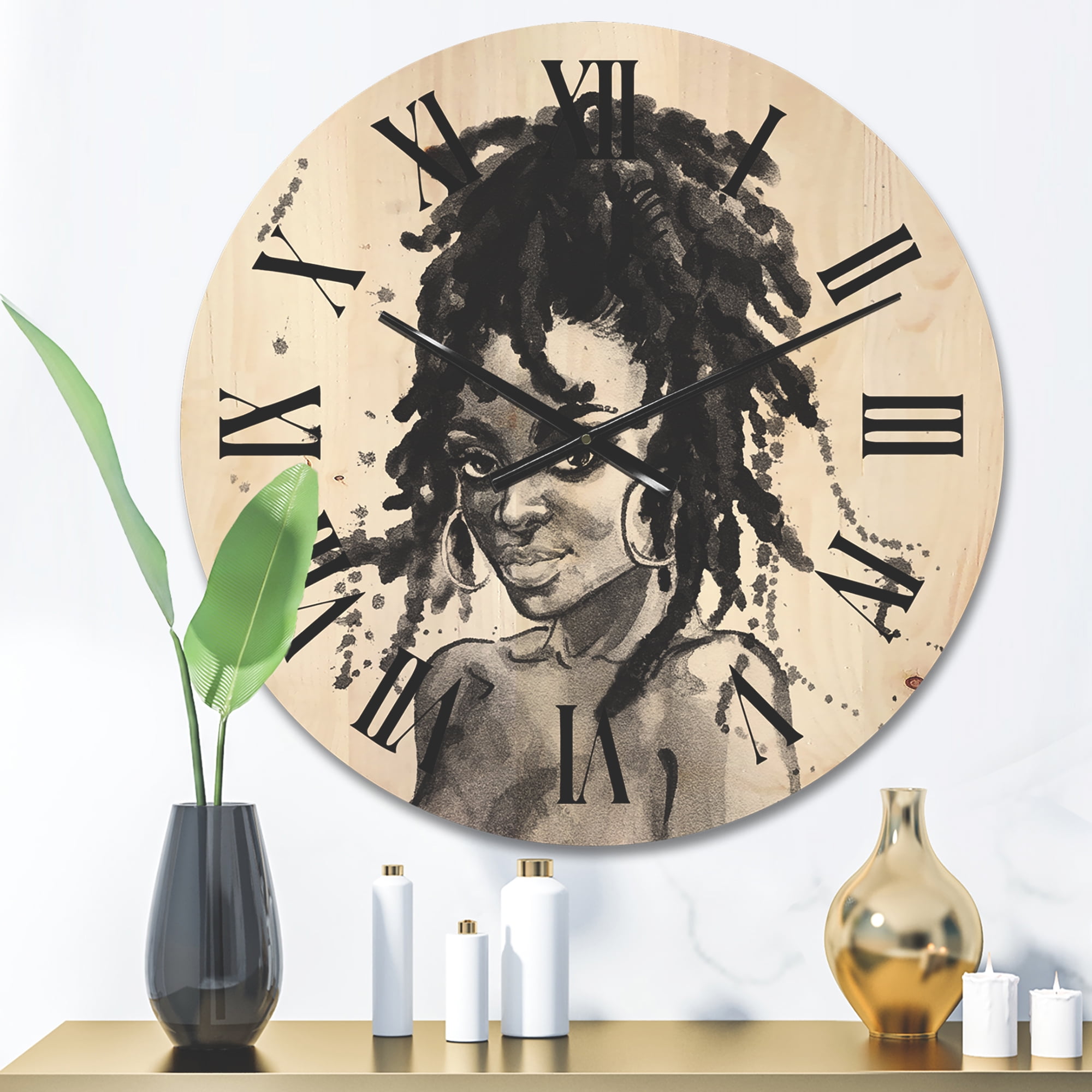 Designart 'Black and White Portrait of African American Woman II' Modern Wood Wall Clock