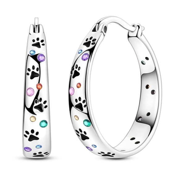 NARMO 925 Sterling Silver Cute Enamel Pawprint 22mm Hoop Huggie Earrings, Colorful AAA CZ Hypoallergenic Women's Jewelry Gift for Her with Box