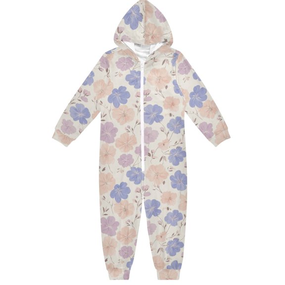 Soft Big Kids Onesie Pajamas Cozy Loose-Fit Jumpsuits for kids with Pockets for Christmas Lounge & Play Pastel Blue and Pink Flowers