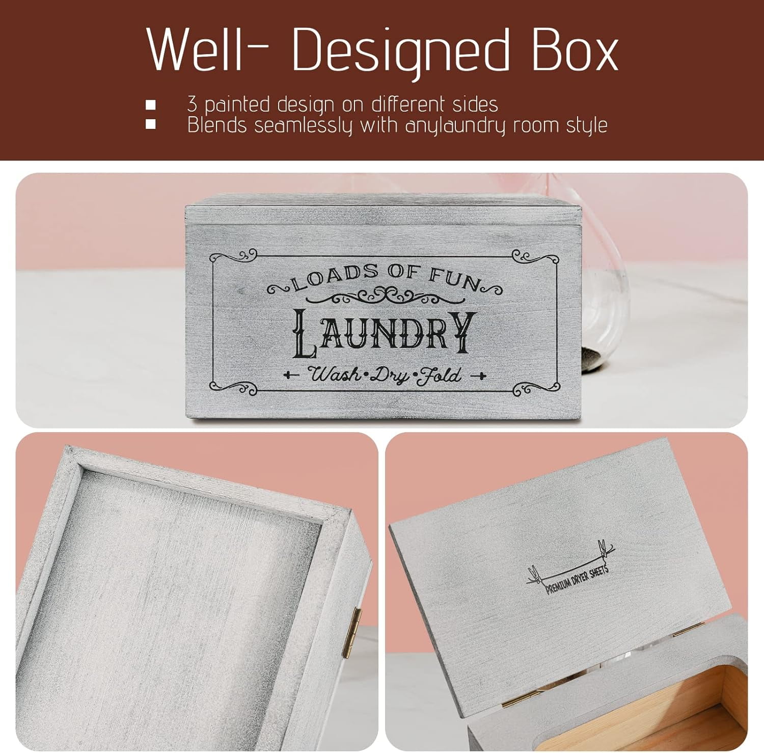 Dryer Sheet Holder Wood Dryer Sheet Dispenser with Lid, Rustic Dryer Sheet Container Storage Box for Laundry Room Fabric Softener Sheets Decor