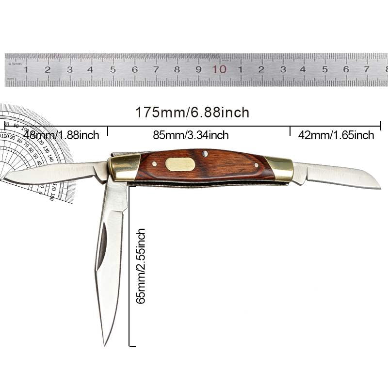 Hand Forged Mini 3-Blade Folding Pocket Knife, Wood Handle Brass EDC Survival Tool for Camping Emergency, Collectible Gift for Men
