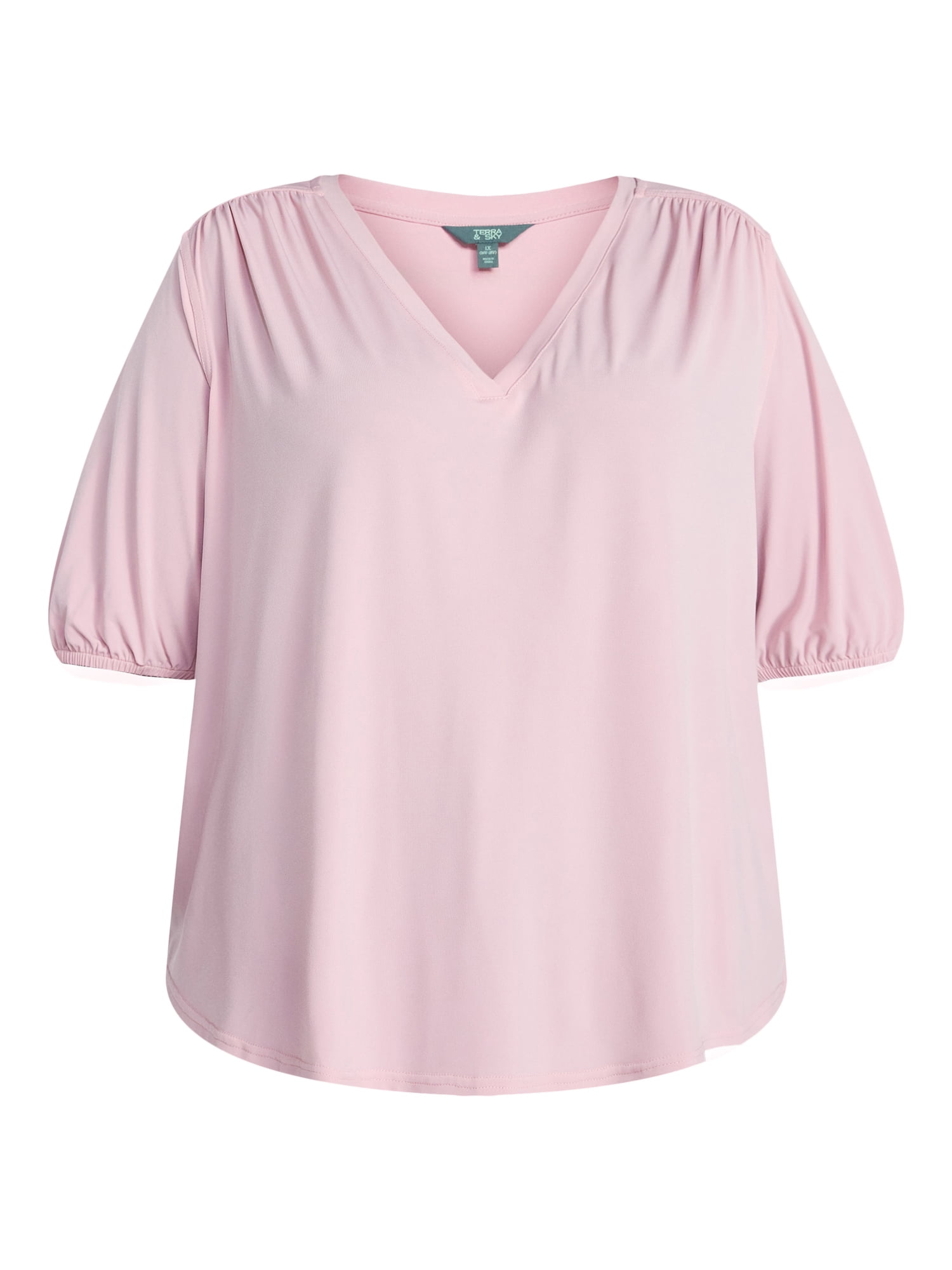 Terra & Sky Women's Plus Size V Neck Tee with Elbow Sleeves, Sizes 0X-5X