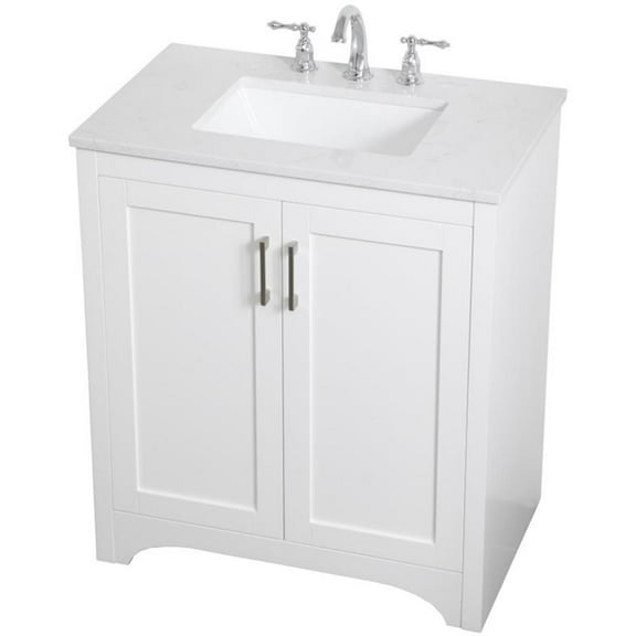 Pemberly Row Modern 30" Single Quartz Top Bathroom Vanity in White