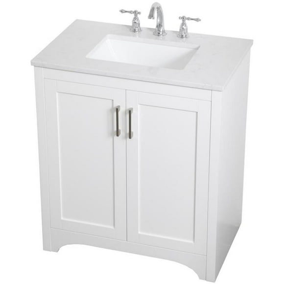 Pemberly Row Modern 30" Single Quartz Top Bathroom Vanity in White