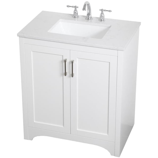 Pemberly Row Modern 30" Single Quartz Top Bathroom Vanity in White