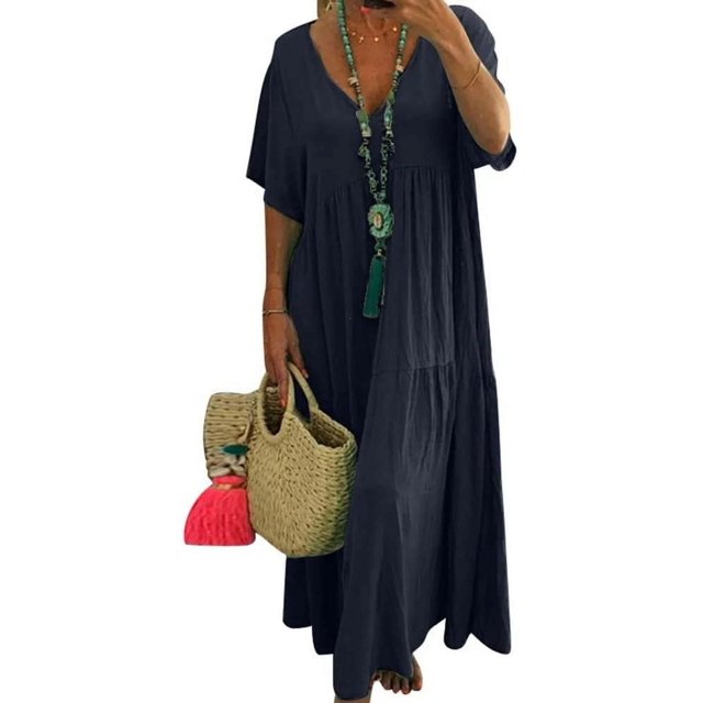CHOK Robe Maxi en Lin Ample et Décontractée pour Femmes, Col en V, Manches Courtes, Coupe Grand et Fluide, Longue