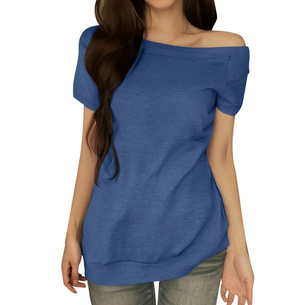 Blusa de manga corta con hombros descubiertos para mujer - Camiseta informal de verano de color liso