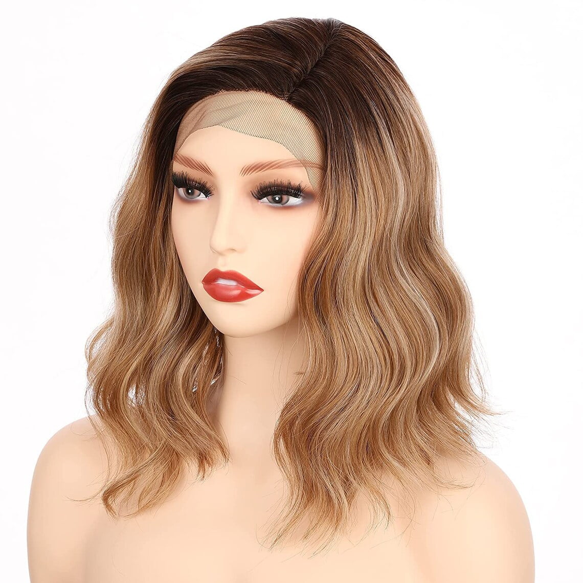 Onedor Shoulder Length Side Part Lace Front Short Wavy Hair Bob Wigs for Women(Dark Blonde Evenly Blended & Platinum Blonde with Dark Roots)