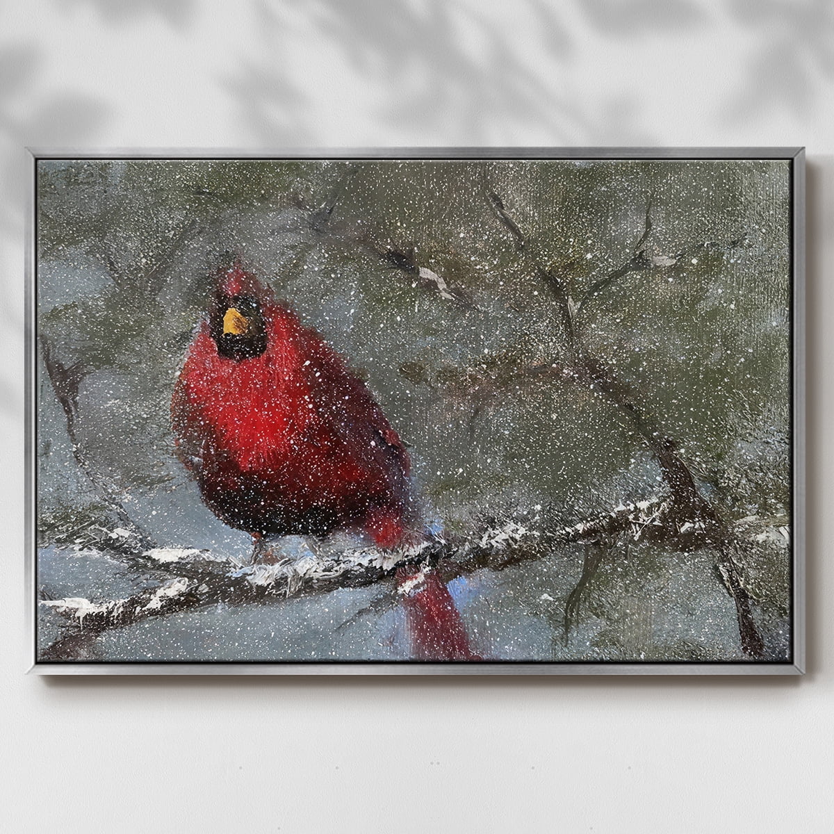Cardinal in Snow I - Framed Gallery Wrapped Holiday Canvas - 17 x 25 - Silver Frame