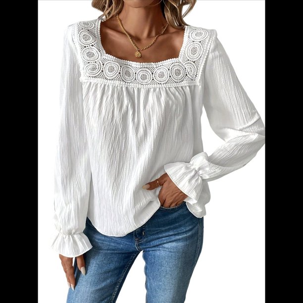 Blusa Informal Holgada de Larga Abullonada con Cuello Cuadrado para Mujer, Estilo Otoño L