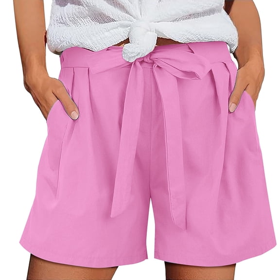Ohufall Womens Drawstring Shorts, Elastic Waist Shorts for Women, Women's Cotton Linen Shorts Solid Color Comfortable Wide Leg Casual Shorts