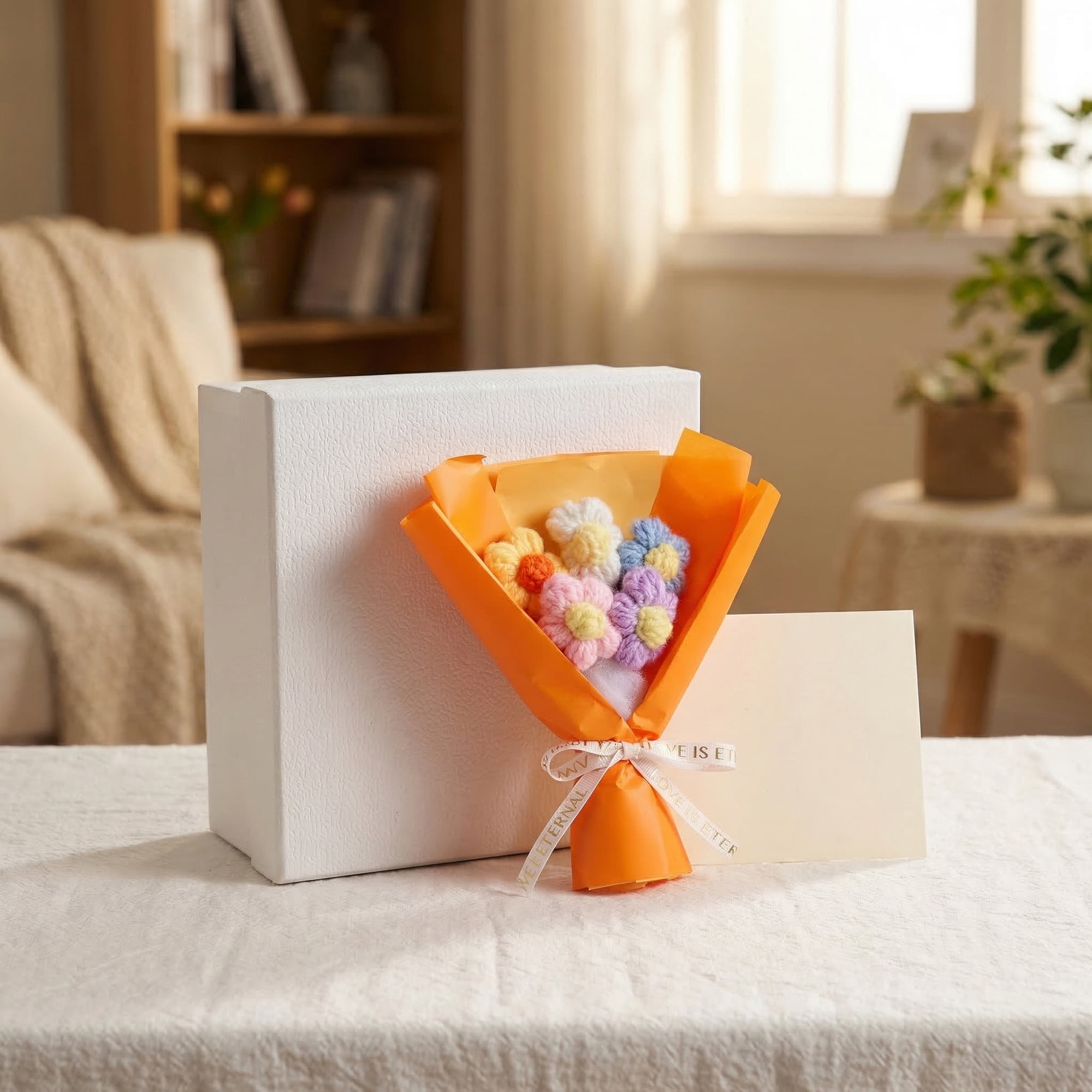 Unique Bargains Handmade Crochet Eternal Knitted Flowers Bouquet with Wrap Orange 7.1 in