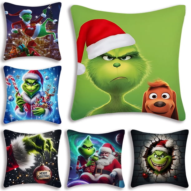 Fundas de almohada de dibujos animados divertidos Sofá de dibujos animados Decorativo Hogar Impresión de doble cara Funda de cojín de felpa corta Linda GG-grinch