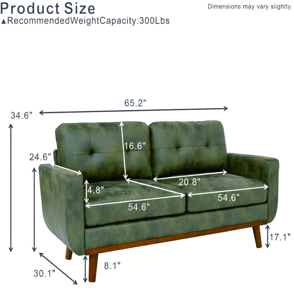 Hommoo 65" Mid-Century Modern Two-Seater Sofa, Breathable Polyester Fabric, Solid Wood Legs, Tool-Free Assembly, Olive Green