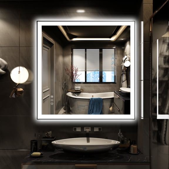 Sumerain 36 x 36 Inch LED Bathroom Mirror with Lights, Black Aluminum Framed Smart Dimmable Lighted Bathroom Vanity Mirror for Wall, 3 Color Temperatures, Anti-Fog