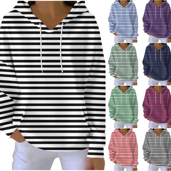 Goodtrade8 Stripe Womens Hoodies and Sweatshirts Tunic Pullover Sweatshirt with Pocket Casual Hooded Long Sleeve Workout Tops for Women