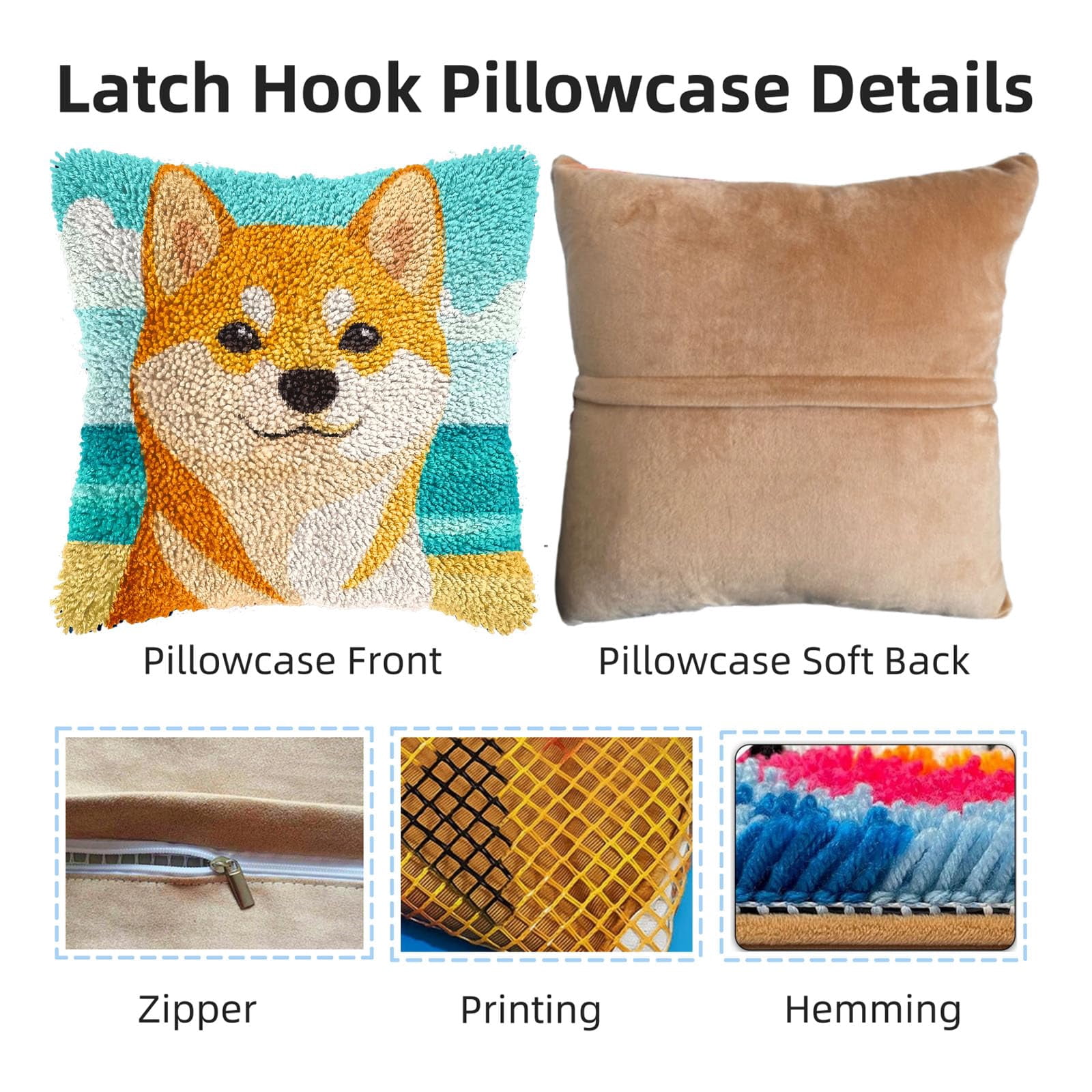 DIY Latch Hook Pillow Kits for Adults Smile Shiba Inu Dog Printed Pillowcase Crochet Yarns Hooking Handmade Pillow Cover Cushion for Home Sofa Decoration 17x17inch-12