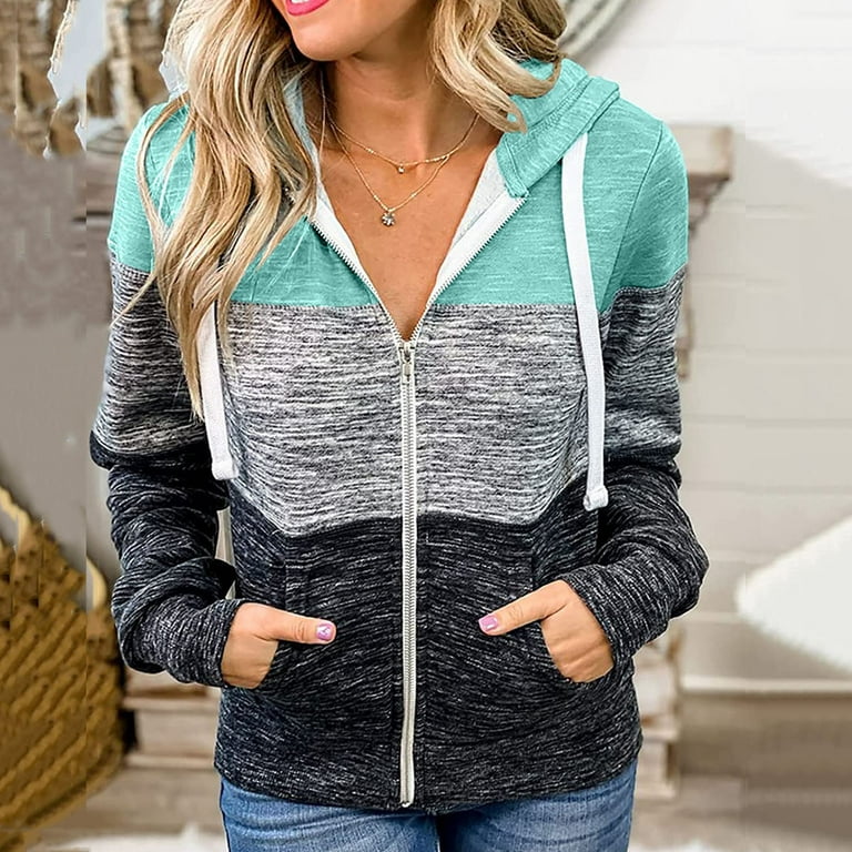 Sleeve Women Coat Color Print Sweatshirt Long Zip-Up Stitching