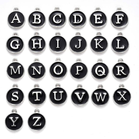 26 Silver Plated Black Enamel 1/2 inch Round Coin Alphabet Jewelry Pendant Charms Capital Letters A-Z