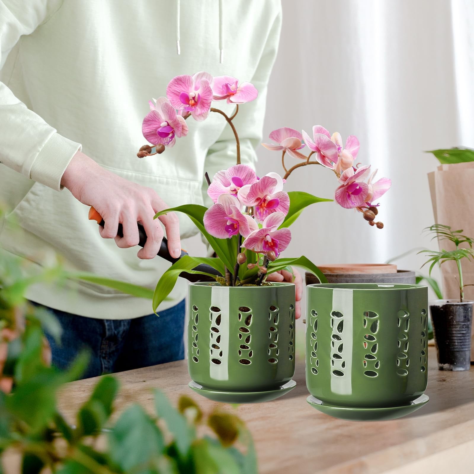 Orchid Pots with Holes, 5+6 Inch Ceramic Orchid Pot, Enhance Good Ventilation and Drainage, Flower Pots for Indoor/Outdoor Plants 2 Pack - Forest Green