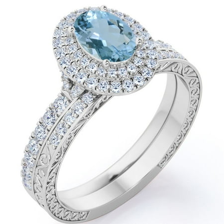 JeenMata Pave Double Cluster 1.5 Carat Egg Shaped Ocean Blue Created Aquamarine and Moissanite Edwardian Filigree Bridal Set in 18K White Gold Plating over Silver