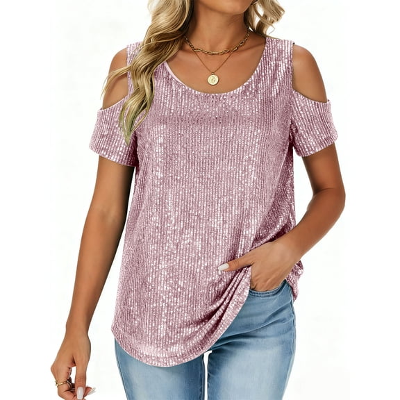 Erwazi Women's Cold Shoulder Sequin Tops Short Sleeve Crewneck Oversized T-Shirt Loose Fit Party Top
