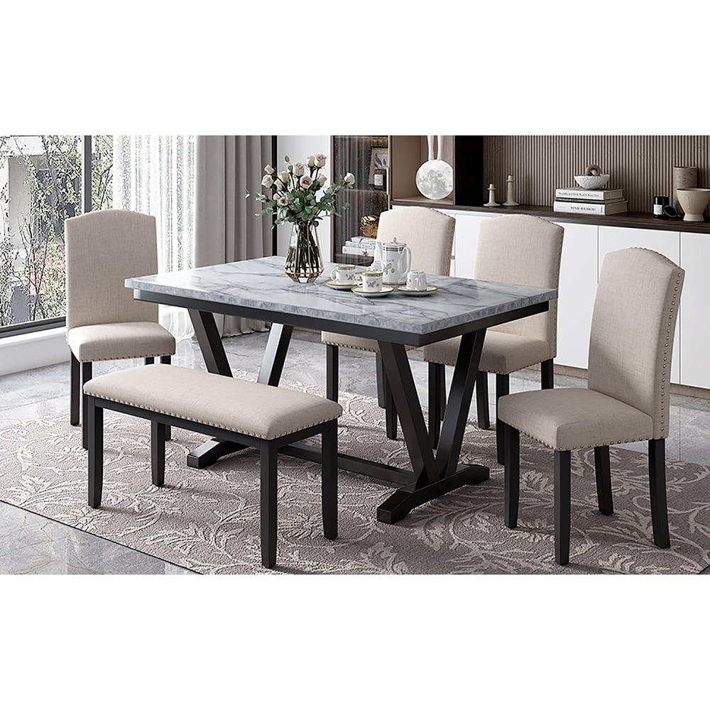 Kepooman 6-Piece Dining Room Table Set, Kitchen Dining Table Set with 4 Upholstered Chairs and 1 Bench, Dining Set for Kitchen, White Kepooman 6-Piece Dining Room Table Set, Kitchen Dining Table Set with 4 Upholstered Chairs and 1 Bench, Dining Set for Kitchen, White