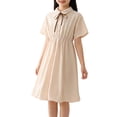 thumbnail image 7 of Bxsruta Girls Preppy A-Line Dress Short Sleeve Button Up Shirt Dress with Bow Tie High Waisted Summer School Uniform for Teen Kids, 7 of 7
