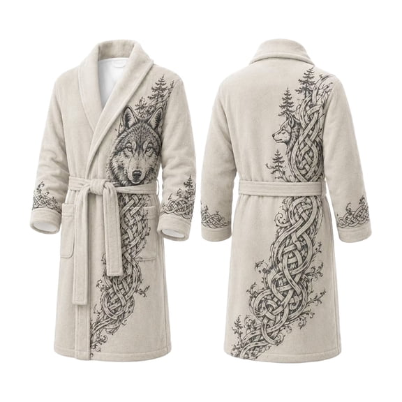 XIAOCHA Men Celtic Forest Wolf Print Robe Shawl Collar Wrap Bathrobe Belt Pocket Sleepwear
