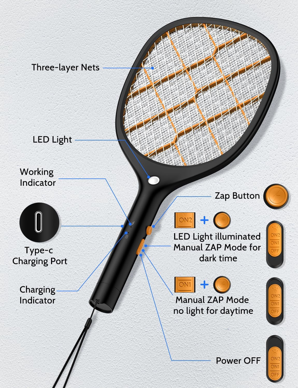 Electric Fly Swatter Zapper Racket 4000v Rechargeable Mosquito Killer With Led Light For Indoor Home Office Backyard Patio Camping (2  Black Orange)