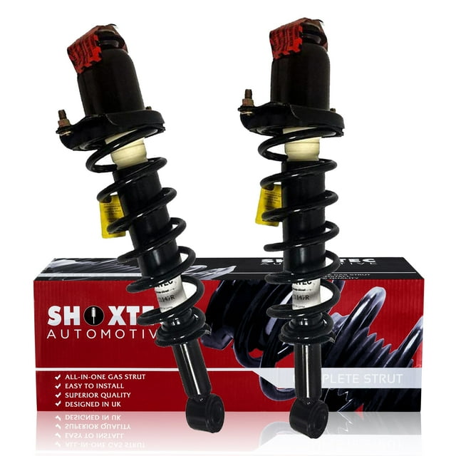 Shoxtec Rear Complete Struts for 2003-2008 Pontiac Vibe, Toyota Corolla, and Toyota Matrix, designed for rear suspension replacement. Features struts and coil spring assembly with part number 171373LR. The image displays two black struts with coil springs in front of a Shoxtec branded box with red and black design, suitable for FWD vehicles.