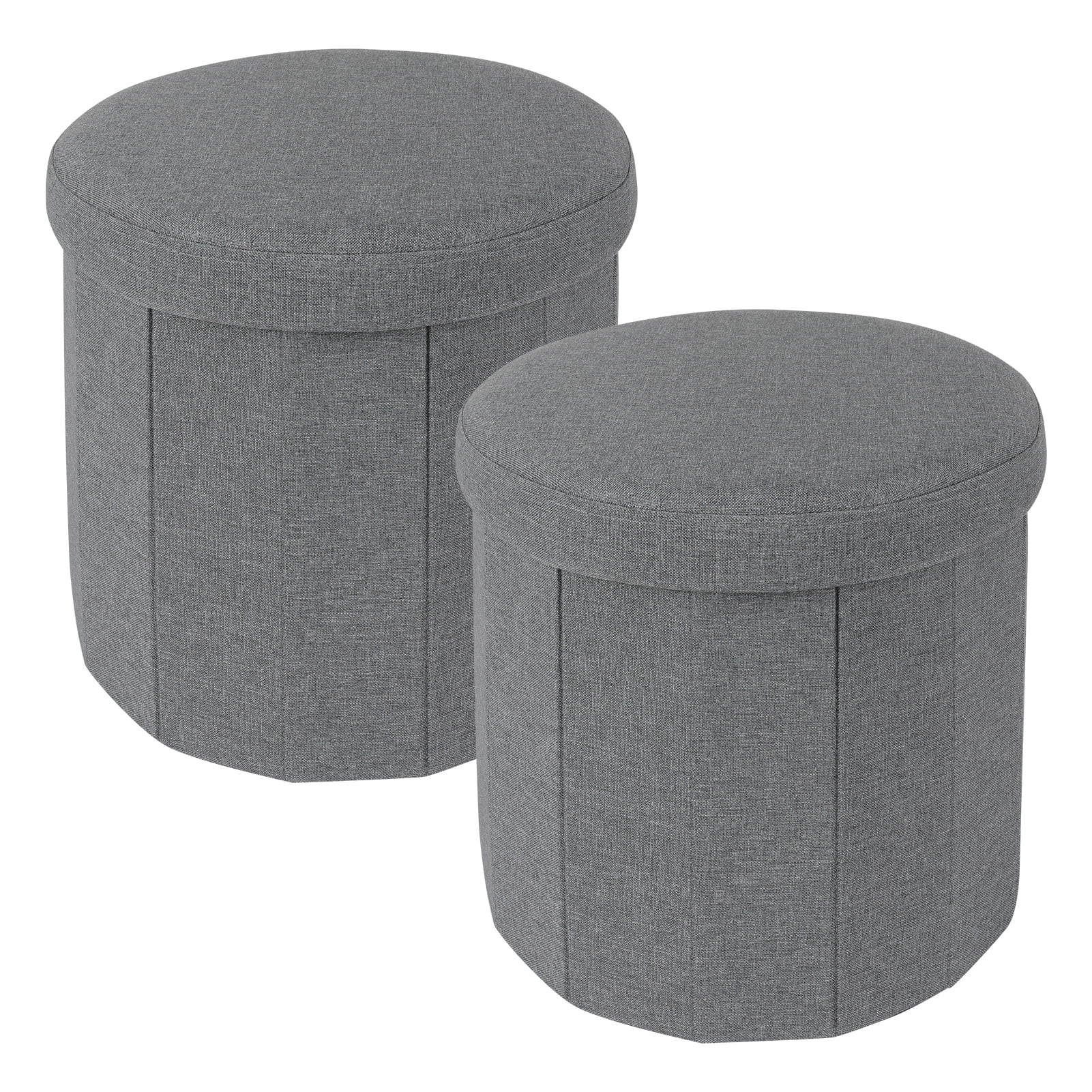 15" Folding Round Storage Ottoman Set of 2, Linen, Dark Gray