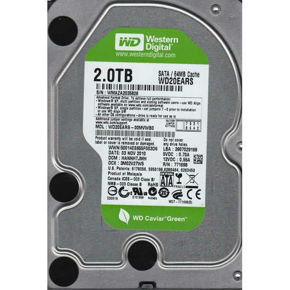 WD20EARS-00MVWB0, DCM HANNHTJMH, Western Digital 2TB SATA 3.5 Hard Drive