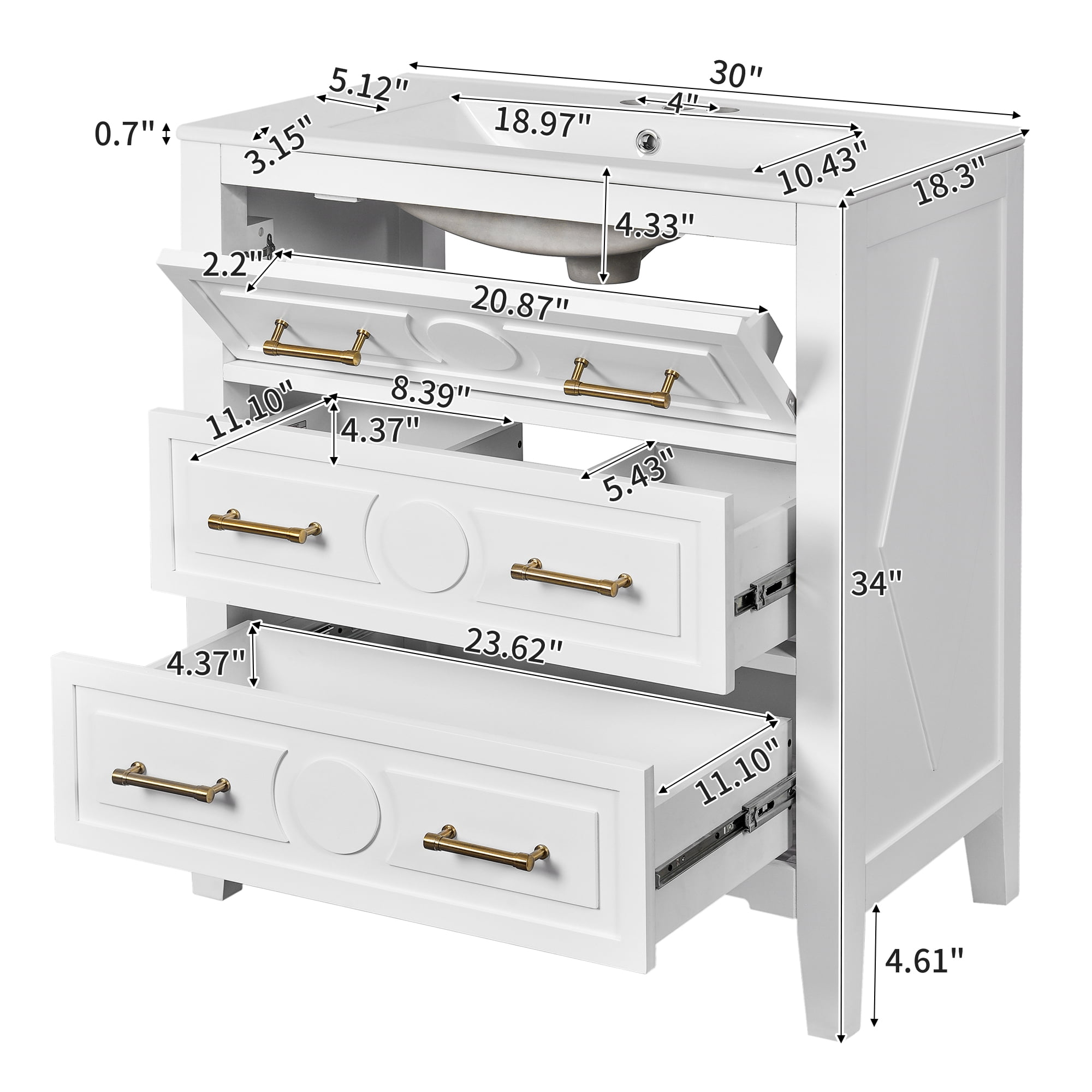 Euroco 30'' Bathroom Vanity with Ceramic Sink Combo, Free Standing Single Vanity Set with 3 Drawers, Solid Wood Frame Bathroom Storage Cabinet