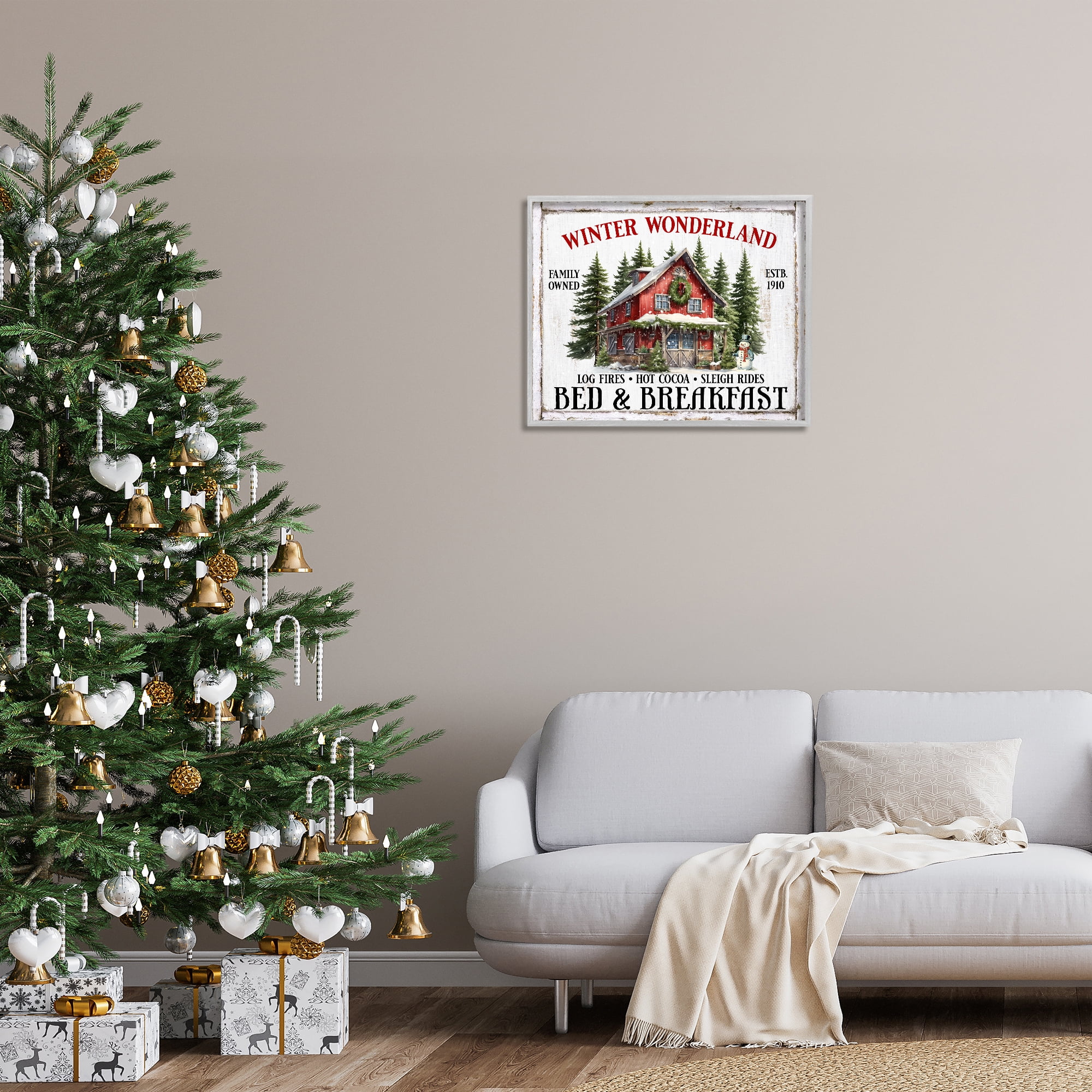 Stupell Industries Winter Bed & Breakfast Holiday Painting Gray Framed Art Prints Wall Art, 30 x 24