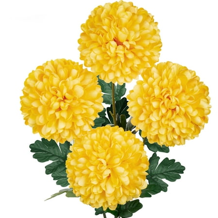 Briful Artificial Chrysanthemums Ball Flowers 6’’ Large Heads Mums Stems Fake Hydrangea Flowers Bridal Wedding Bouquet for Home Garden Party Wedding Decoration, Set of 4, Yellow