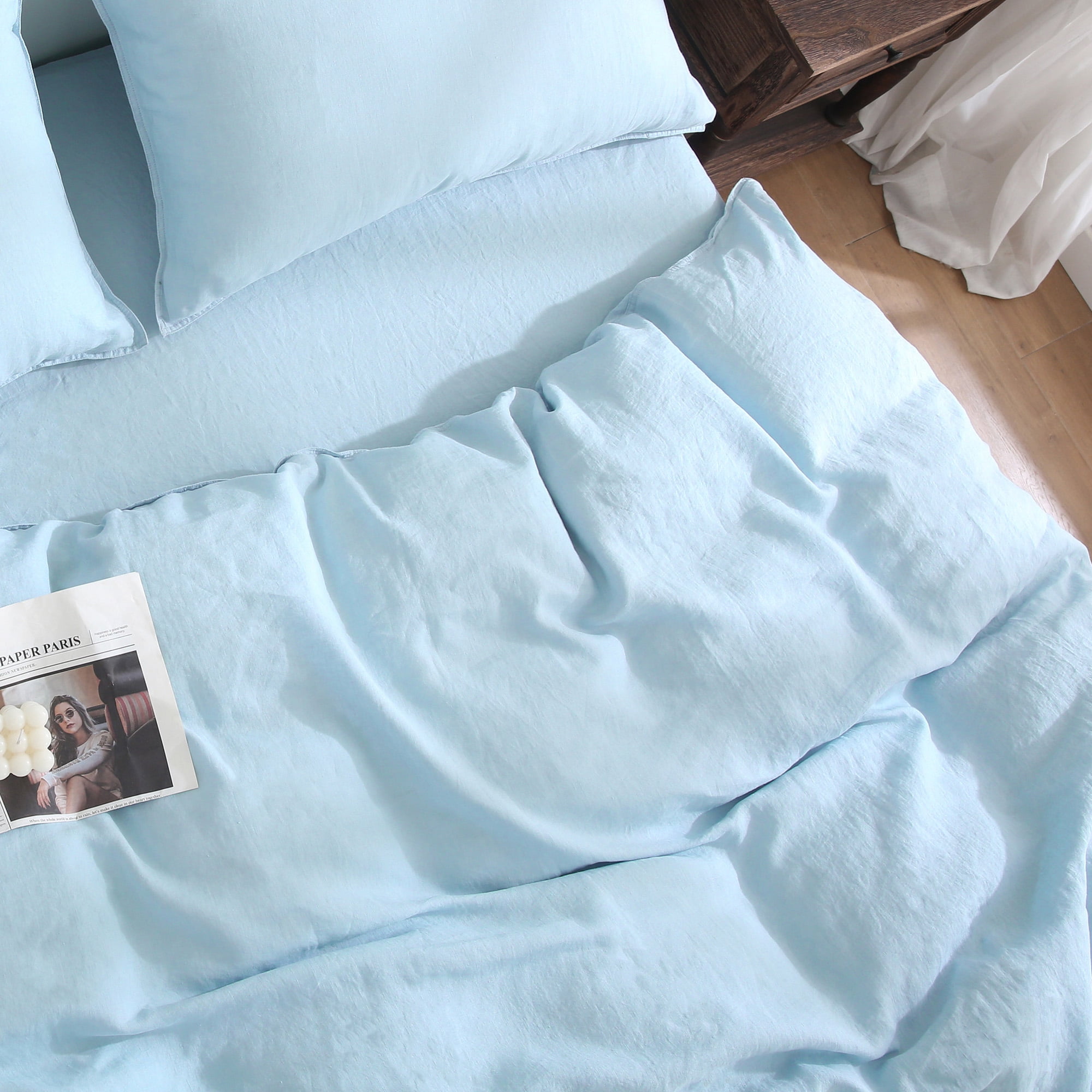 100% Pure Linen Duvet Cover with Button Closure and Corner Ties Soft & Breathable - Blue Full/Queen