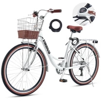 Viribus 24" Women's Cruiser Bike for Adults, 7-Speed Beach & City Bicycle with Basket Rack, White