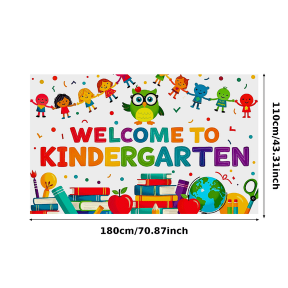 Colorful Welcome to Kindergarten Banner with Owl Apple Books and Kids Silhouettes Background Party Supplies for School Opening Events Photography Props Classroom Decorations