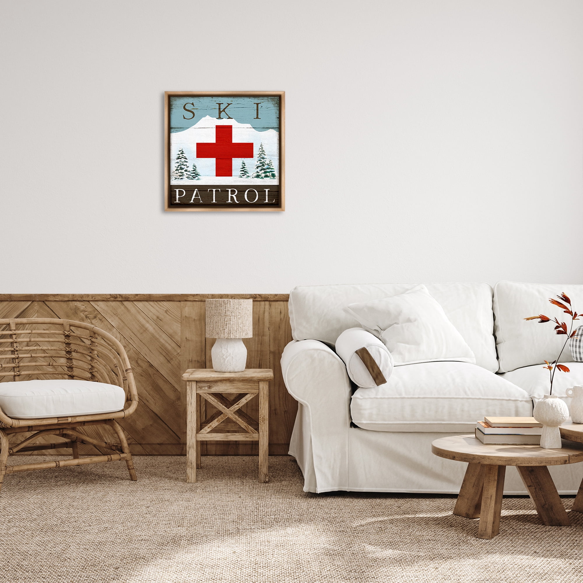 Stupell Industries Ski Patrol Rustic Cabin Sign Sports Painting Brown Floater Framed Canvas Art Print Wall Art, 25 x 25