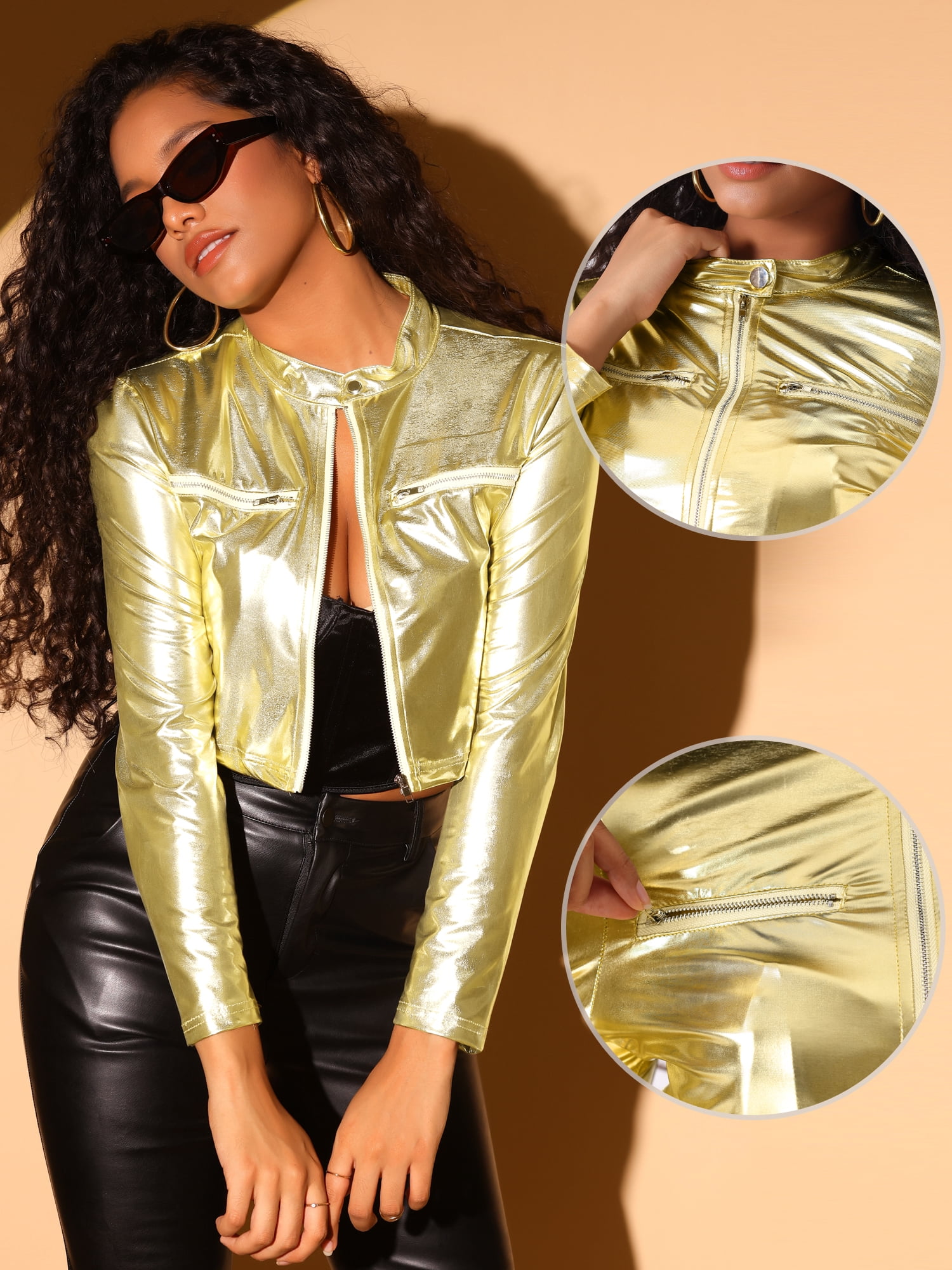 DARING DIVA Women's Cropped Jacket Metallic Stand Collar Long Sleeve Crop Jackets S Gold