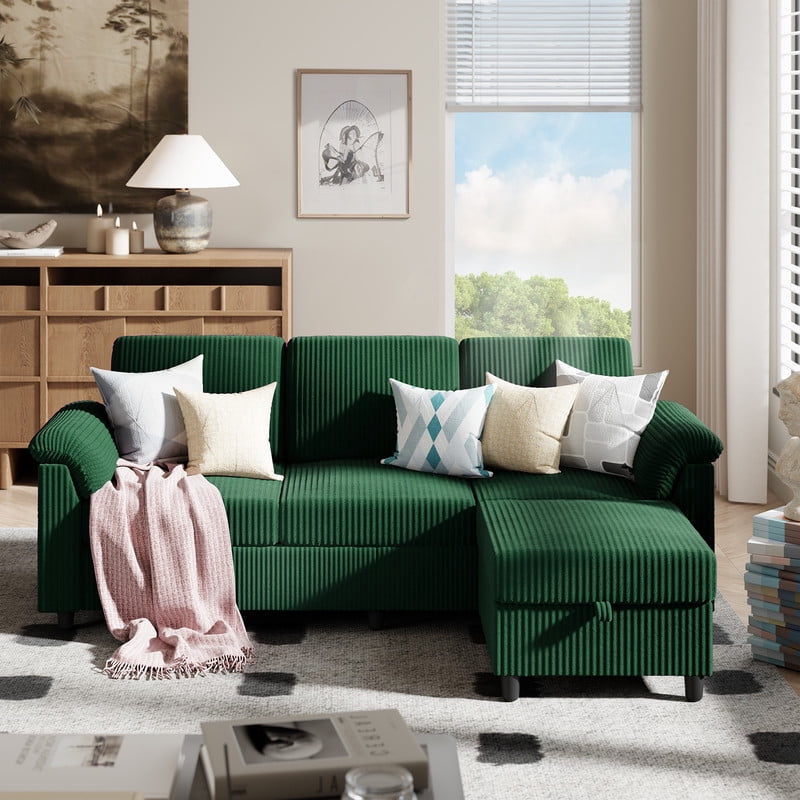 Walsunny 79" Convertible Sectional Sofa, L Shaped Sofa Couch with Reversible Chaise for Living Room Modern Linen Fabric for Living Room, Green